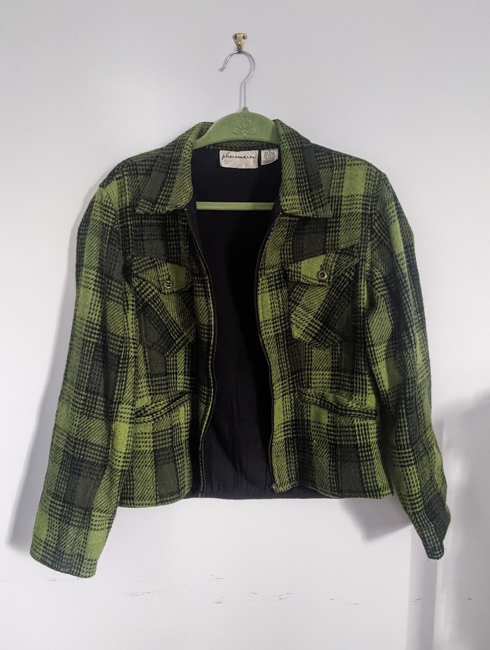 wool blend green and black cropped bomber-fit jacket